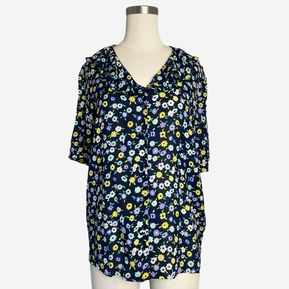 Vintage Diane Von Furstenberg Silk navy floral short sleeve ruffle neck top M